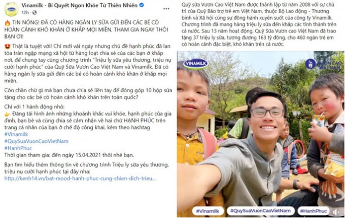 Chiến dịch vẫn tiếp tục đến ngày 15-4, với mỗi chia sẻ được đăng tải, bạn sẽ cùng Vinamilk gửi 10 hộp sữa đến các em nhỏ kém may mắn