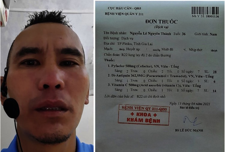 Trợ lý Nguyễn Lê Nguyên Thành và đơn thuốc sau khi được cho là đã bị cầu thủ TP. HCM tấn công. Ảnh: internet