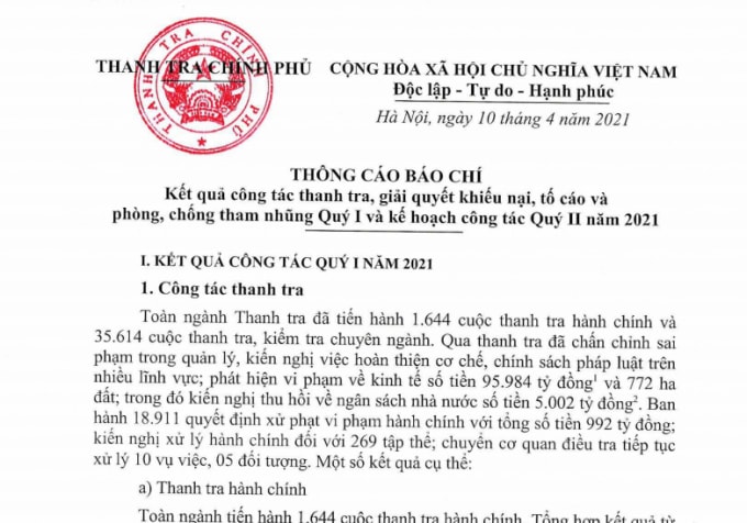 Thông cáo báo chí kết quả công tác thanh tra, giải quyết khiếu nại, tố cáo và phòng, chống tham nhũng Quý I và kế hoạch công tác Quý II năm 2021