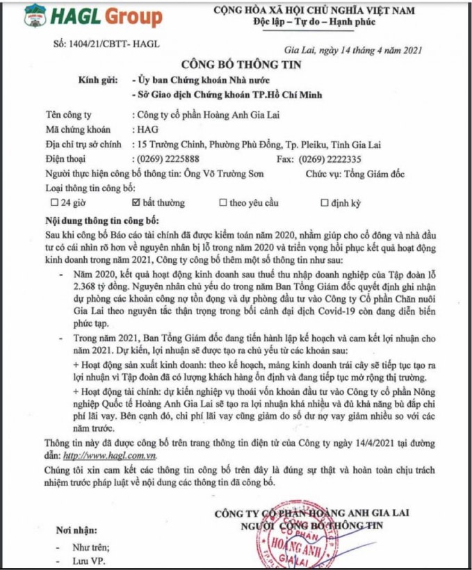 HAG giải trình nguyên nhân lỗ và phương án khắc phục.