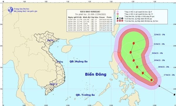 Bản đồ dự báo hướng di chuyển của siêu bão Surigae