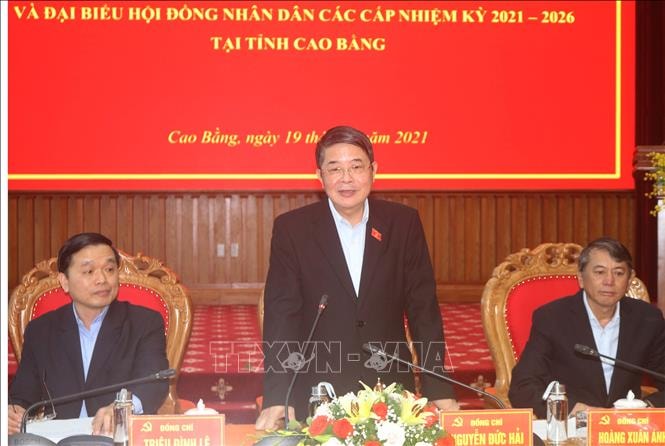 Phó Chủ tịch Quốc hội Nguyễn Đức Hải phát biểu tại buổi giám sát, kiểm tra công tác bầu cử ở tỉnh Cao Bằng. (Ảnh TTXVN)