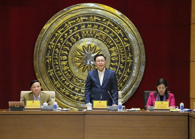 Chủ tịch Quốc hội Vương Đình Huệ phát biểu tại buổi làm việc với Ủy ban Tư pháp của Quốc hội.