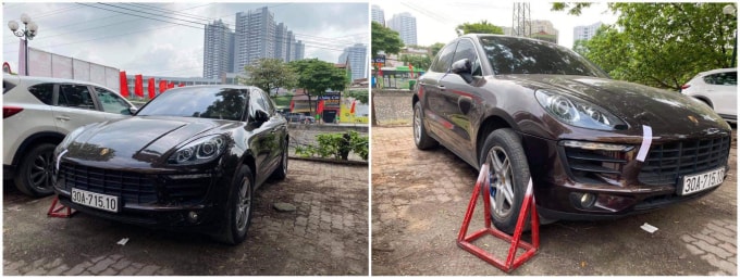 Theo hình ảnh được ghi lại, 2 chiếc cùng hãng Porsche, 1 xe màu xám bị khóa bánh, chiếc còn lại có màu đen ngả nâu.