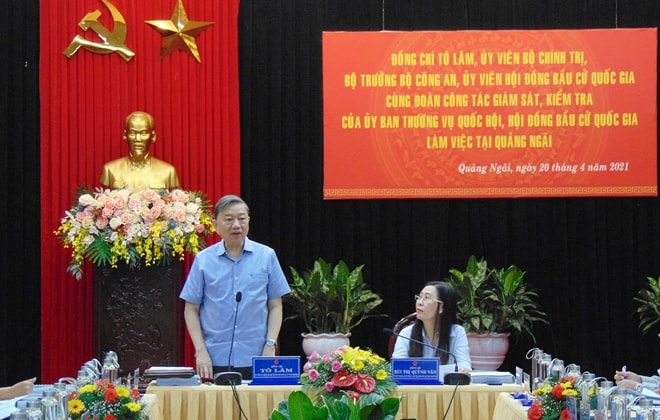 Đại tướng Tô Lâm yêu cầu tỉnh Quãng Ngãi phải đảm bảo tuyệt đối an ninh, an toàn cho ngày hội bầu cử sắp tới.