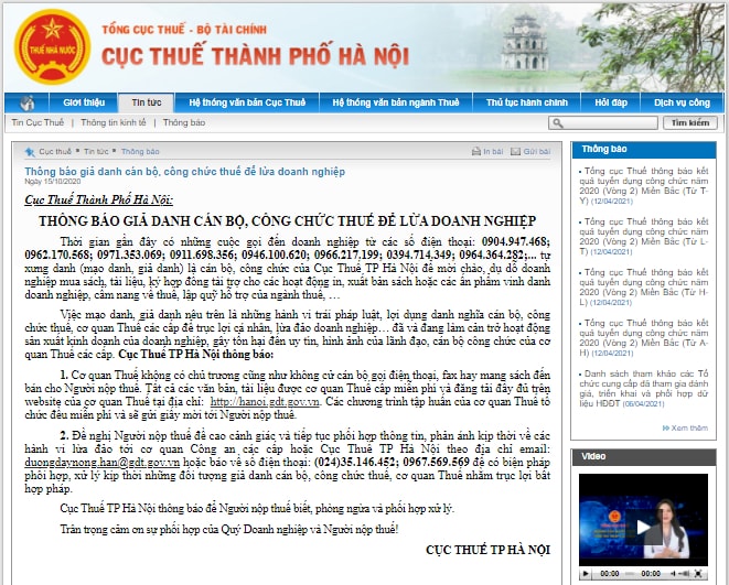 Cục Thuế Hà Nội cũng đã phát đi thông báo trước tình trạng giả danh cán bộ thuế để lừa đảo.