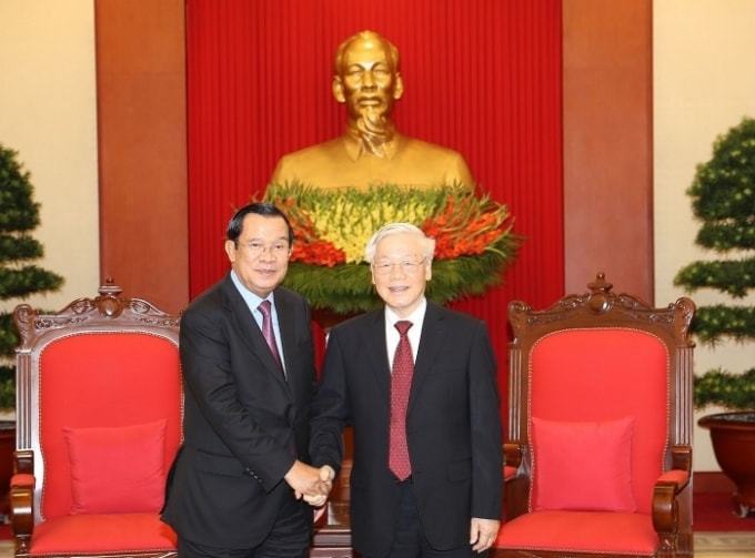 Tổng Bí thư Nguyễn Phú Trọng tại một buổi tiếp Thủ tướng Campuchia Samdech Techo Hun Sen.