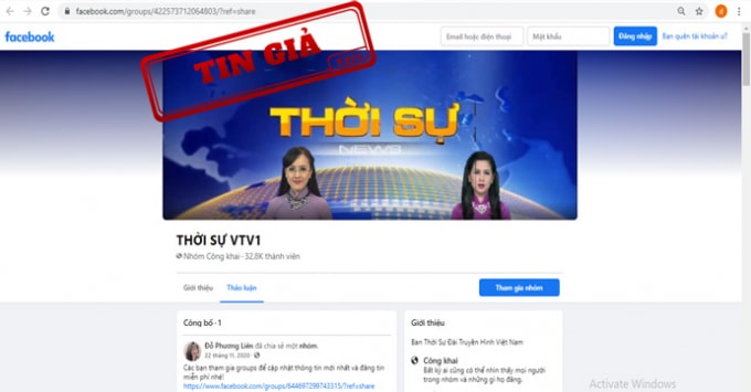 Một trong số các tài khoản giả mạo kênh Thời sự VTV1 vừa được VAFC công bố. Ảnh: tingia.gov.vn