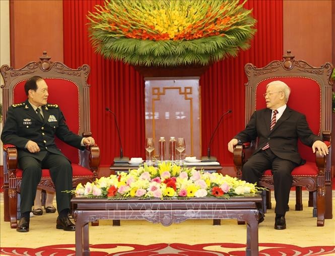 Tổng Bí thư Nguyễn Phú Trọng tiếp Thượng tướng Ngụy Phượng Hòa, Bộ trưởng Bộ Quốc phòng Trung Quốc sang thăm chính thức Việt Nam. Ảnh: TTXVN