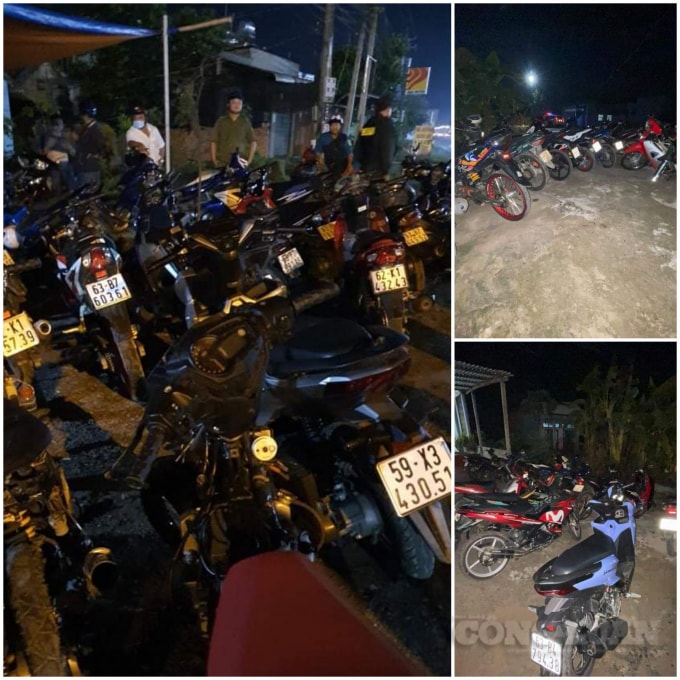 Lực lượng chức năng Tiền Giang tạm giữ các phương tiện giao thông tham gia đua xe trái phép.