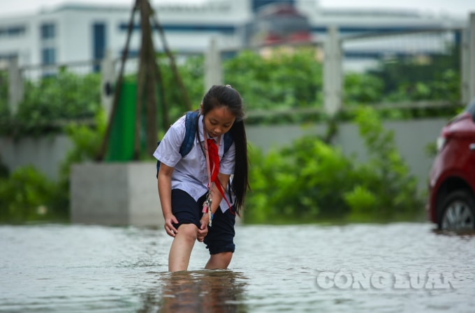 Nhiều em học sinh đi học về phải kéo cao ống quần, lội bì bõm trong nước để về nhà.