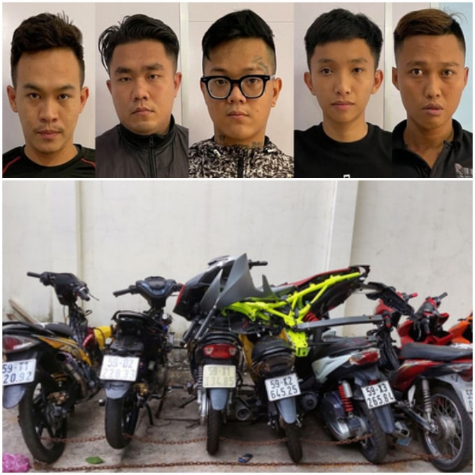 5 'quái xế' cầm đầu và các phương tiện dùng để đua xe trái phép.