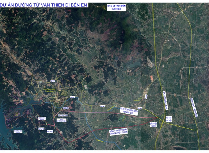 Hướng tuyến đường giao thông từ Vạn Thiện đi Bến En (đường kẻ màu đỏ là phương án được lựa chọn)