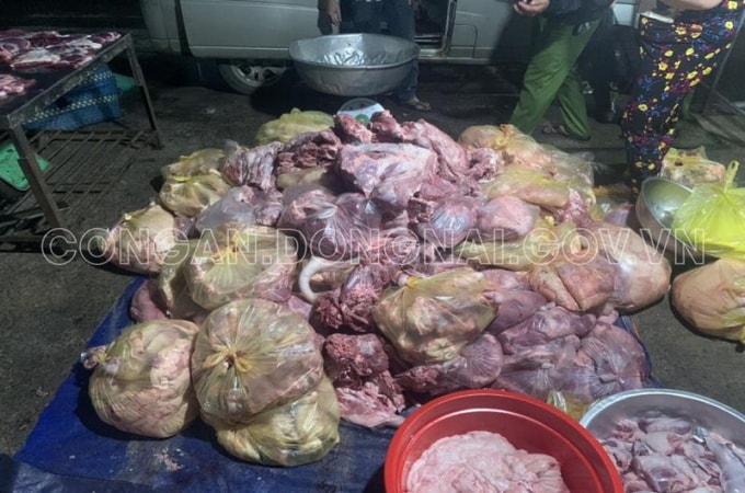 Số thịt heo chuyển màu, bốc mùi hôi đang chuẩn bị đem đi tiêu thụ thì bị lực lượng Công an phát hiện, bắt giữ. Ảnh: Công an Đồng Nai
