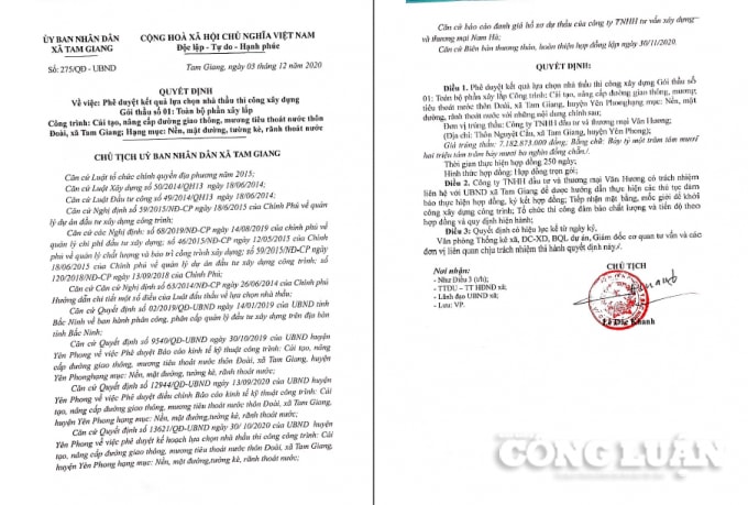 Quyết định phê duyệt kết quả trúng thầu cho Công ty Văn Hương mà ông Lê Đắc Khanh - Chủ tịch UBND xã Tam Giang ký ngày 3/12/2020.