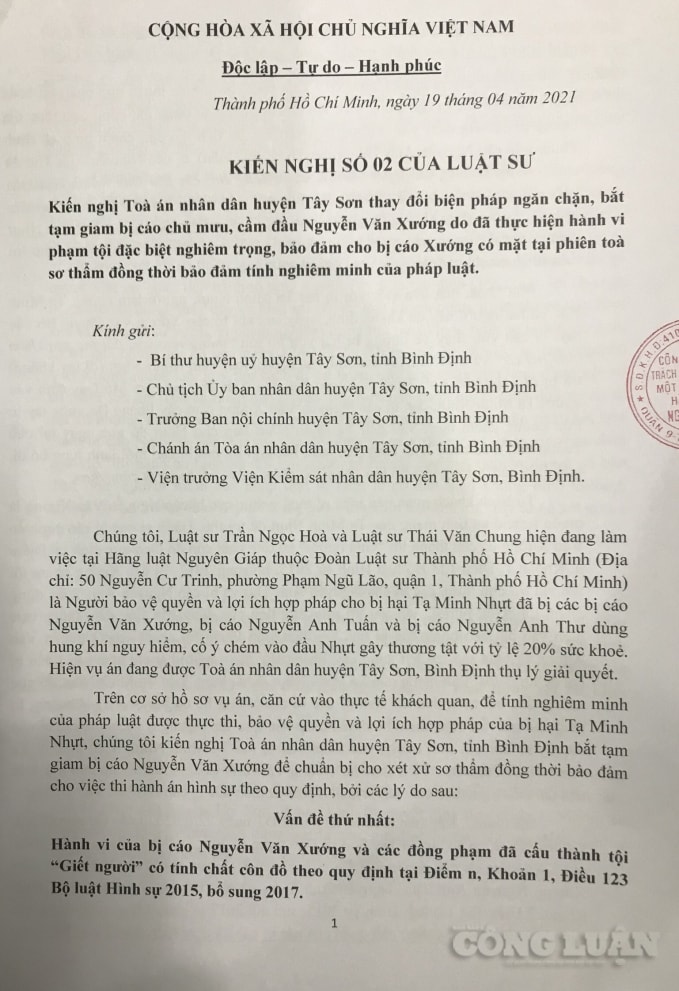 Bản kiến nghị lần 2 gửi các cơ quan chức năng huyện Tây Sơn (Bình Định) của Luật sư bảo vệ quyền lợi cho bị hại Tạ Minh Nhật.