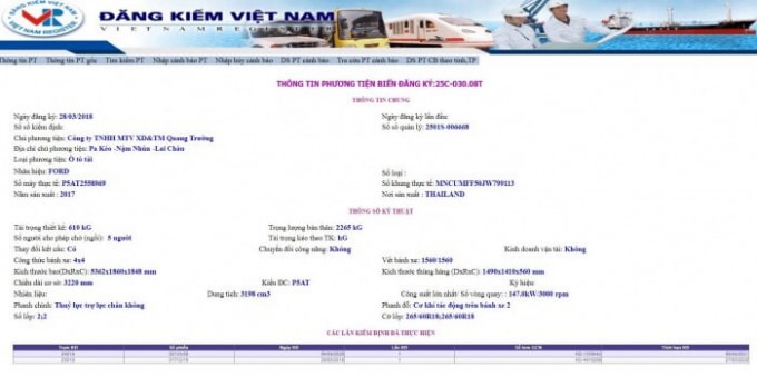 Dữ liệu kiểm định của xe bán tải.