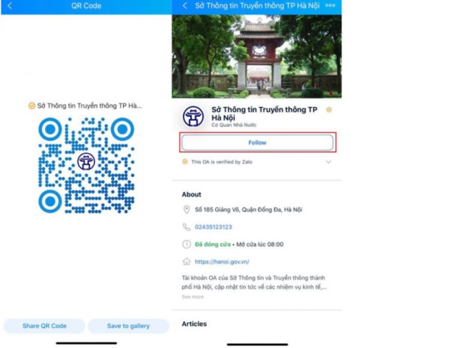 Quét mã QR Code và bấm “Quan tâm” để truy cập vào tài khoản Zalo “Sở Thông tin Truyền thông TP Hà Nội”