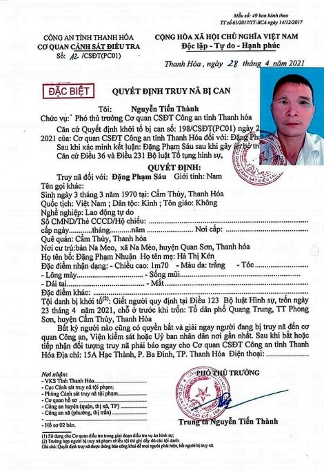 Quyết định truy nã đặc biệt đối với Đặng Phạm Sáu. Ảnh: Cơ quan công an cung cấp