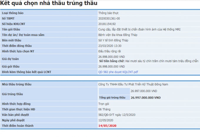 Gói thầu có giá trị gần 27 tỷ đồng nhưng Sở Y tế Đồng Tháp chỉ tiết kiệm cho ngân sách Nhà nước được 1 triệu đồng