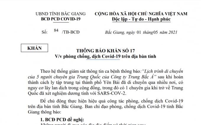 Bắc Giang tìm khẩn F1 của chuyên gia Trung Quốc dương tính với SARS-CoV-2
