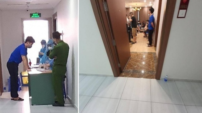 Lực lượng chức năng quận Nam Từ Liêm (TP. Hà Nội) đang làm việc với nhóm người Trung Quốc nhập cảnh trái phép cư trú trên địa bàn. Ảnh: baogiaothong.vn