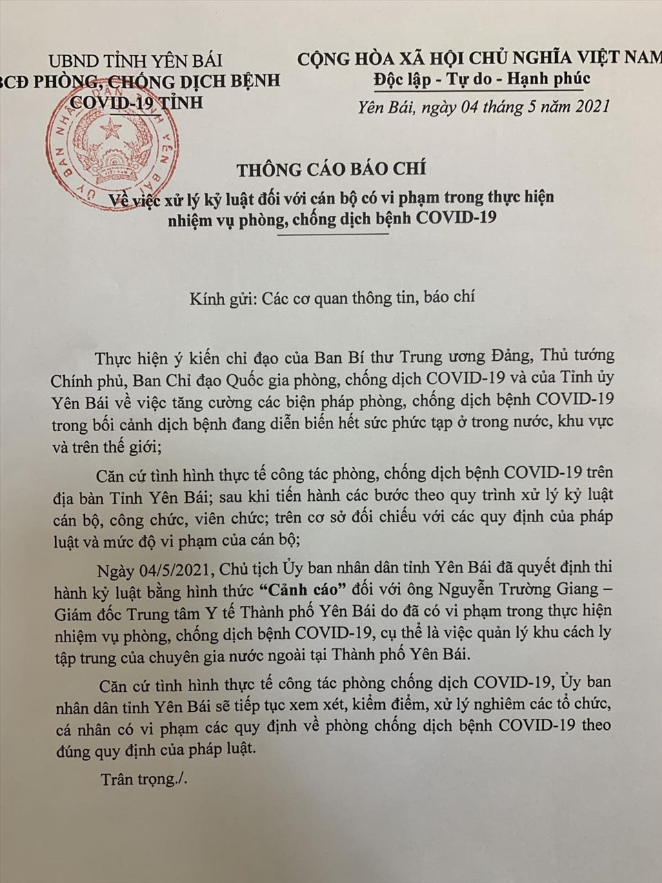 Thông cáo thi hành kỷ luật đối với Giám đốc Trung tâm Y tế TP. Yên Bái. Ảnh: laodong.vn