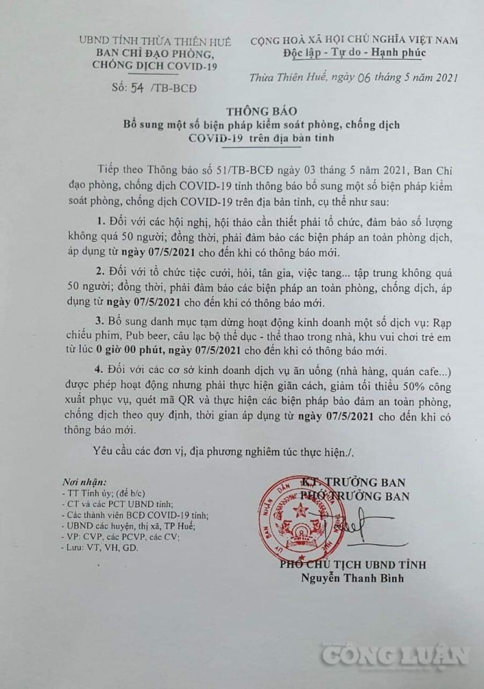 Văn bản chỉ đạo của Ban chỉ đạo phòng chống dịch Covid-19 tỉnh Thừa Thiên Huế.