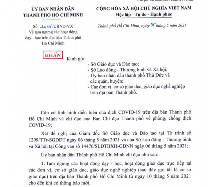 Công văn khẩn của UBND TP. HCM.