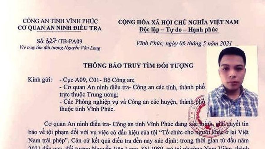 Hình ảnh thông báo truy tìm Nguyễn Văn Long của Công an tỉnh Vĩnh Phúc. Ảnh: vtc.vn