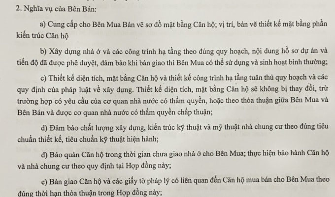 Hợp đồng mua bán quy định, nghĩa vụ của bên bán không được thay đổi thiết kế, diện tích căn hộ.