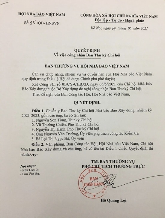 Quyết đinh về việc công nhận Ban Thư ký Chi hội Nhà báo Báo Xây dựng