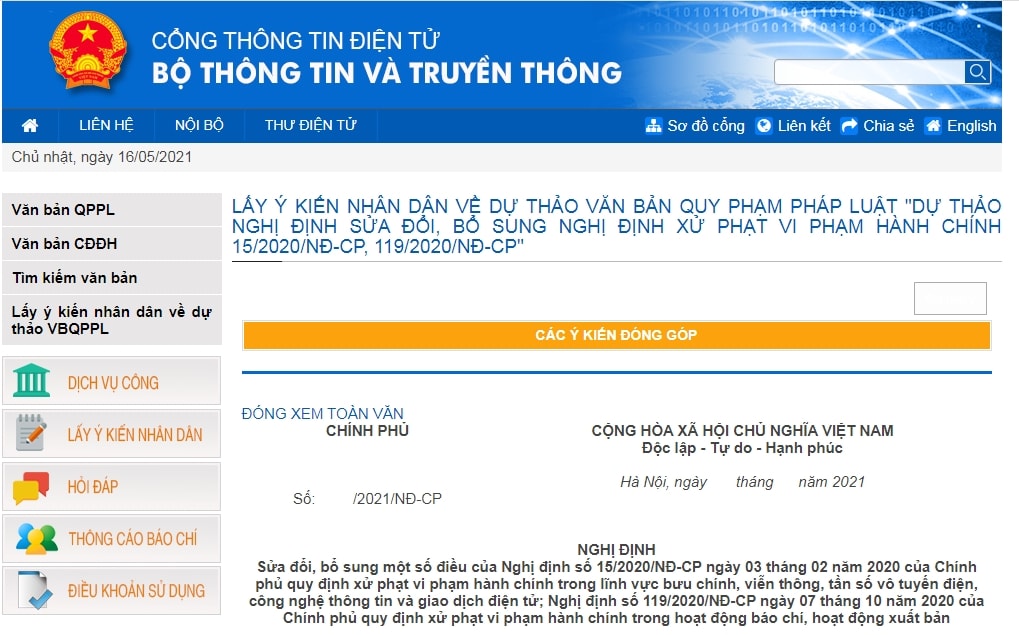 Bộ TTTT lấy ý kiến nguời dân về sửa đổi, bổ sung một số điều của Nghị định số 15/2020/NĐ-CP ngày 03 tháng 02 năm 2020 của Chính phủ quy định xử phạt vi phạm hành chính trong lĩnh vực bưu chính, viễn thông, tần số vô tuyến điện, công nghệ thông tin và giao dịch điện tử.