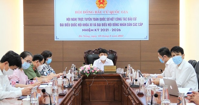 Quang cảnh hội nghị trực tuyến toàn quốc triển khai công tác bầu cử đại biểu Quốc hội khóa XV và đại biểu HĐND các cấp nhiệm kỳ 2021-2026 từ đầu cầu Đà Nẵng.