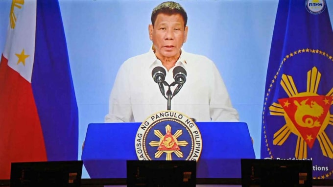 Tổng thống Philippines Rodrigo Duterte phát biểu video tại hội nghị Tương lai châu Á của Nikkei vào ngày 21 tháng 5 - Ảnh: Kai Fujii
