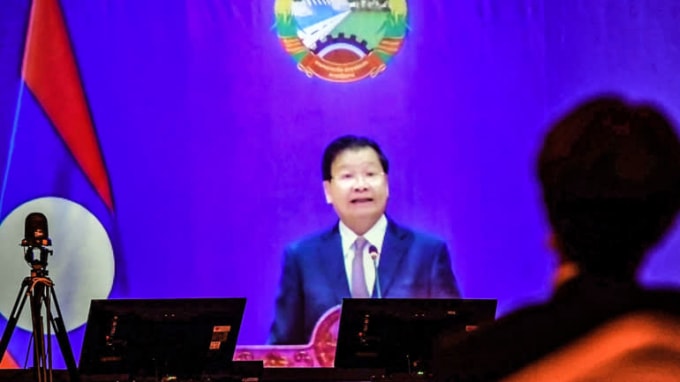 Chủ tịch nước CHDCND Lào Thongloun Sisoulith phát biểu tại hội nghị Tương lai châu Á vào ngày 21 tháng 5 - Ảnh: Koji Uema