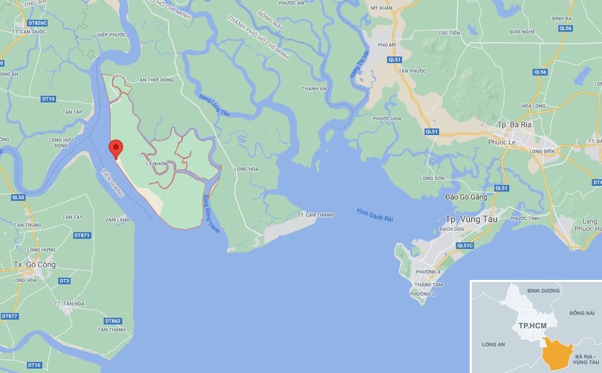 Vụ tai nạn xảy ra trên sông Soài Rạp, xã Lý Nhơn, huyện Cần Giờ. Ảnh: Google Maps