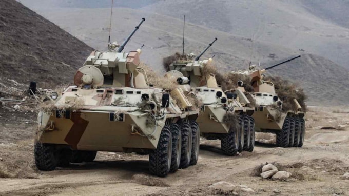 Các cuộc tập trận chung Nga-Tajik gần biên giới Afghanistan: Moscow đã tìm cách củng cố căn cứ quân sự thứ 201 ở Tajikistan, cơ sở lớn nhất của nước này ở Trung Á - Ảnh: Bộ Quốc phòng Nga / Getty Images