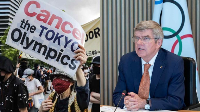 Người biểu tình chống Olympic ở Tokyo ngày 9/5 và hình ảnh Chủ tịch Ủy ban Olympic quốc tế Thomas Bach (phải) tham dự cuộc họp trực tuyến tại Lausanne, Thụy Sĩ, vào ngày 12 tháng 5 - Ảnh: Ken Kobayashi và Reuters