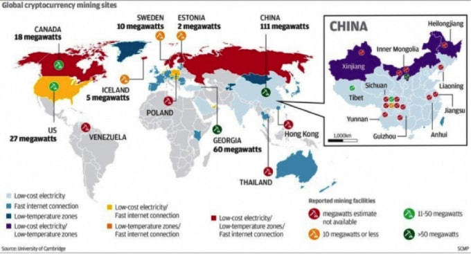 Vị trí các mỏ khai thác tiền mã hóa lớn trên thế giới. Ảnh: SCMP.