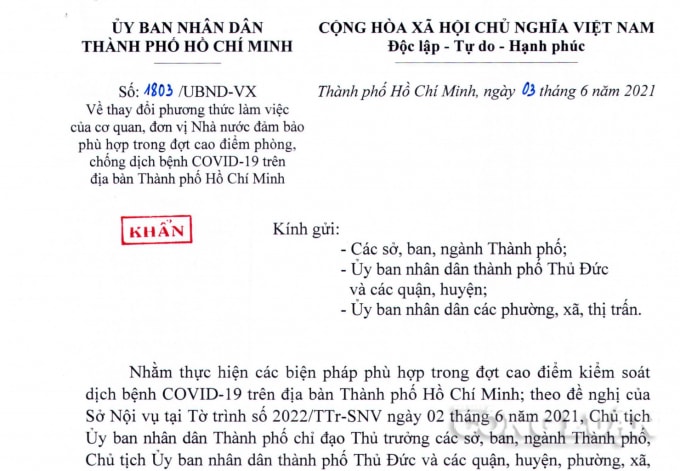 Văn bản chỉ đạo của Chủ tịch UBND TP. HCM.