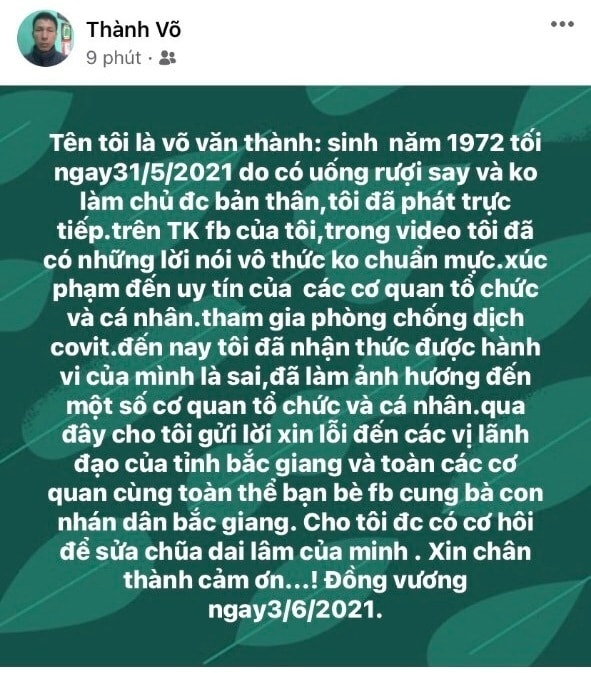 Dòng trạng thái anh Võ Văn Thành đăng tải xin lỗi sau khi xúc phạm tổ chức, cá nhân chống dịch Covid-19 tại địa phương. Ảnh: vtc.vn