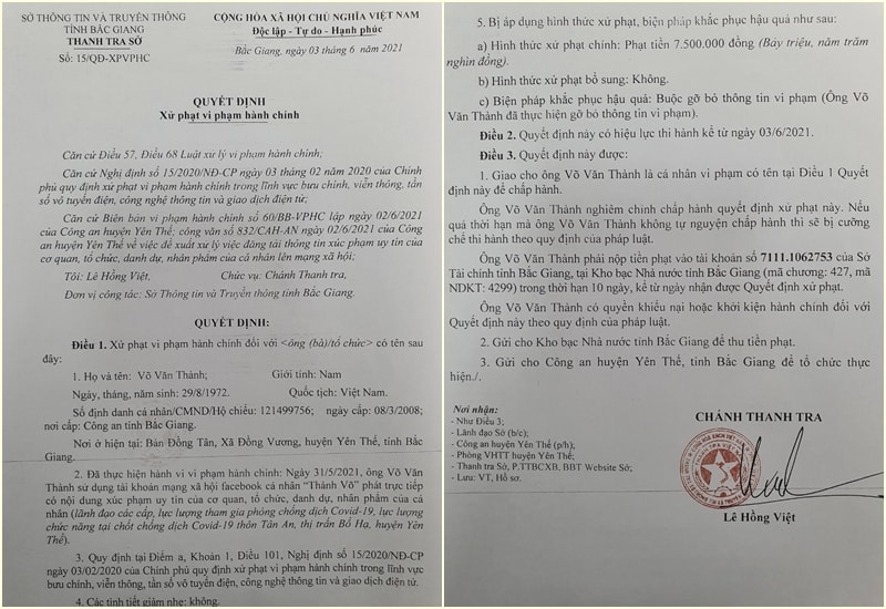 Quyết định xử phạt hành chính của Thanh tra Sở TT-TT tỉnh Bắc Giang đối với hành vi vi phạm trên mạng xã hội của anh Võ Văn Thành. Ảnh: suckhoedoisong.vn