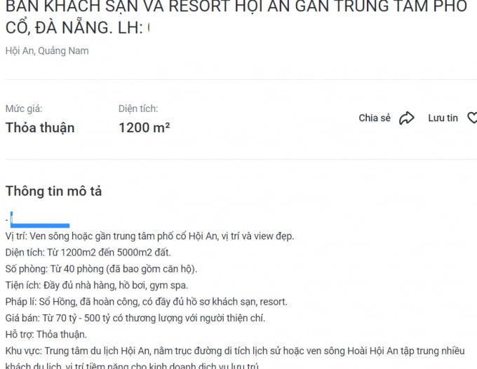 Tại Nam Hội An cũng có một khách sạn 500 tỷ đang rao bán.