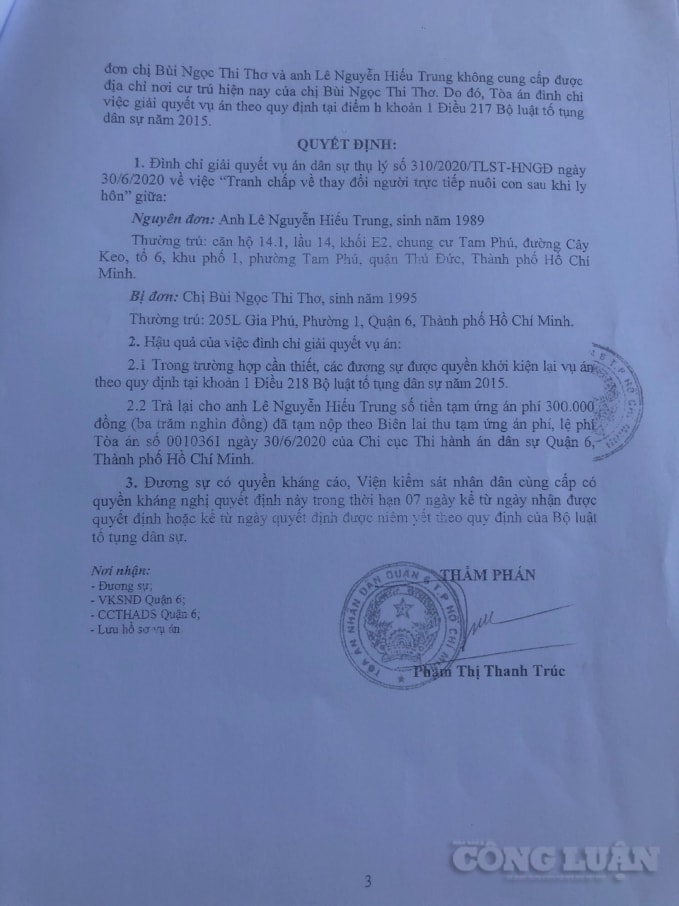 TAND quận 6 đình chỉ vụ án do ông Trung khởi kiện.