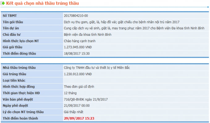 Kết quả chọn nhà thầu cung cấp dịch vụ vệ sinh, giặt là, may trang phục năm 2017 cho Bệnh viện Đa khoa tỉnh Ninh Bình