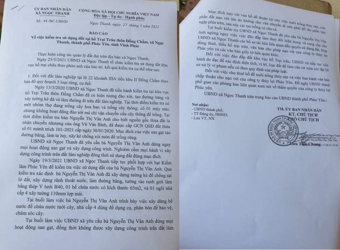 Báo cáo của UBND xã Ngọc Thanh về việc kiểm tra sử dụng đất tại hồ Trại Trâu, thôn Đồng Chằm chỉ ra nhiều vi phạm.