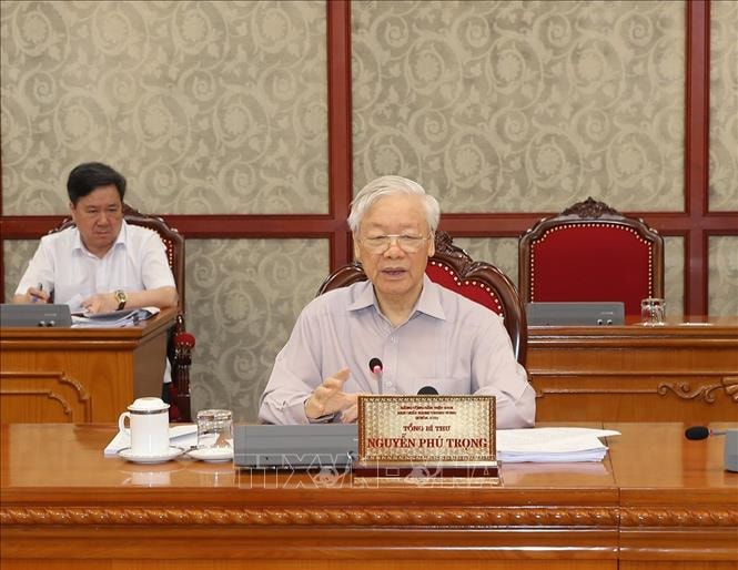 Tổng Bí thư Nguyễn Phú Trọng phát biểu tại cuộc họp. (Ảnh: TTXVN)