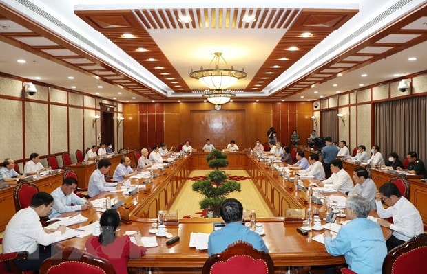 Quang cảnh phiên họp của Bộ Chính trị họp cho ý kiến về tình hình phòng, chống dịch COVID-19 tại tại Trụ sở Trung ương Đảng diễn ra ngày 11/6/2021.