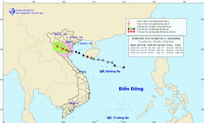 Sau khi đi vào khu vực từ Thái Bình đến phía bắc Nghệ An, bão số 2 (bão Koguma) đã suy yếu thành áp thấp nhiệt đới. Ảnh: TTDBKTTV Quốc gia.